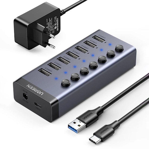 Ugreen Hub USB-C - 7x USB-A 3.0, PD, DC 12V - harmaa