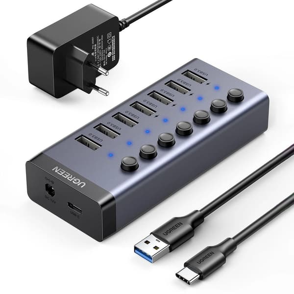 Ugreen Hub USB-C til 7x USB-A 3.0, PD, DC 12V - Grå