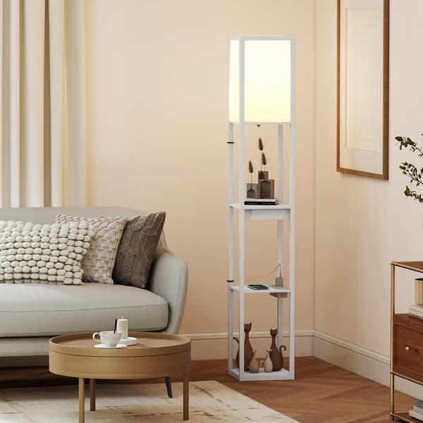 Gulvlampe med 3-lags hylde, USB-porte, hvid MDF