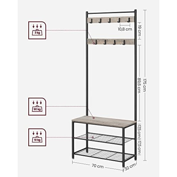 3-i-1 knagerække med skobænk og 9 kroge, nem montering
