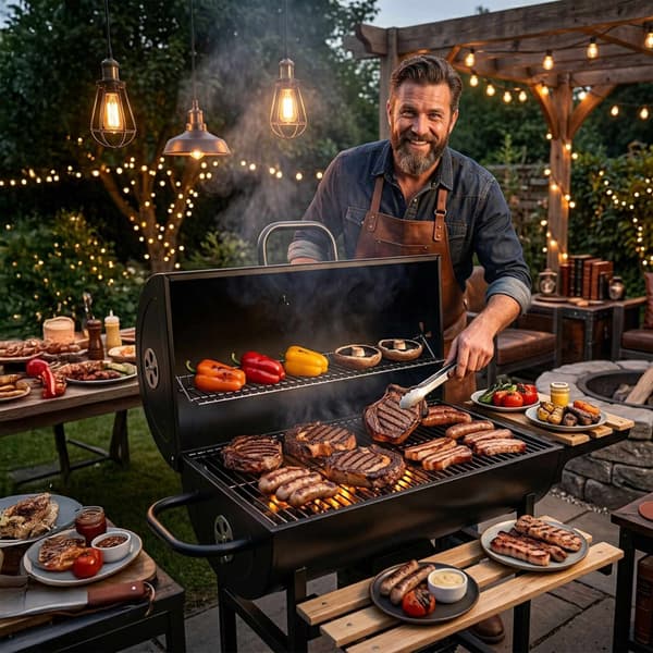 Kulgrill med låg, termometer, justerbare ventilationsåbninger