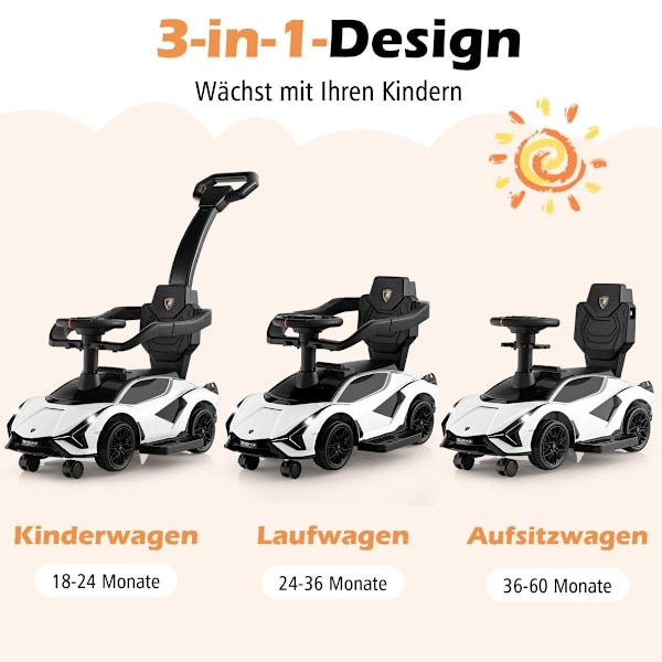 3-i-1 Lamborghini ride-on bil push bil med forlygter &amp; Musik &amp; Hvid opbevaringsplads