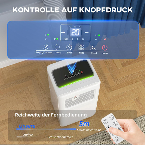 Mobil luftkonditionering 3-i-1 luftkonditionering med kyla, avfuktare, fläkt, avgasslang, 9000BTU automatisk luftkylare med fjärrkontroll, timer, barn