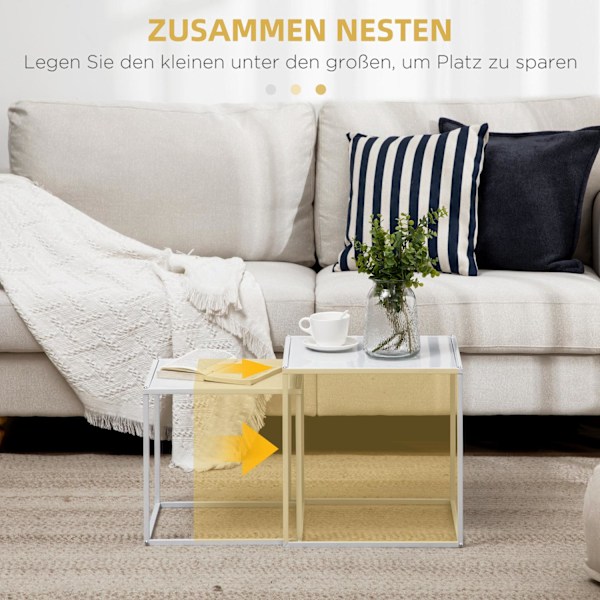 Set med 2 soffbord, fyrkantiga sidobord, soffbord med stålstomme, soffbord i modern design, för vardagsrum, bärförmåga upp till 10 kg, vit