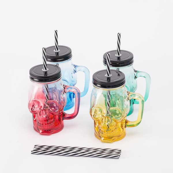 Dödskalleglasset med lock och sugrör, 4-pack