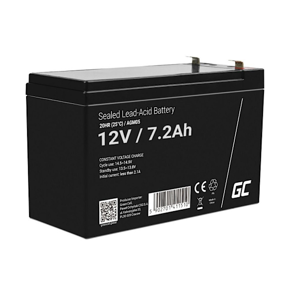Green Cell AGM VRLA 12V 7,2Ah underhållsfritt batteri för larmsystem, kassaapparater, leksaker