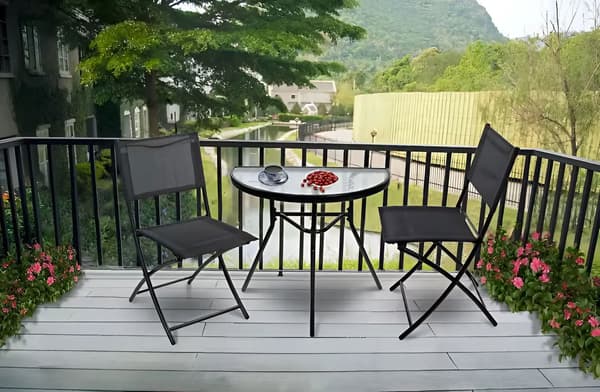 Halvrundt glas sofabord til altan, terrasse, terrasse, sort