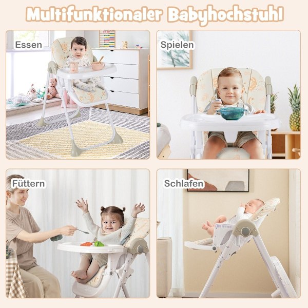 6 i 1 konvertibel barnstol med fällbara funktioner &amp; Dubbelbricka Fällbar Barnstol Beige