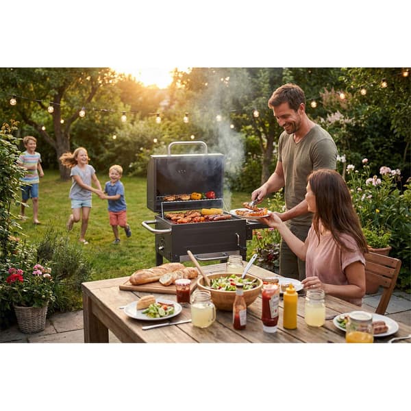 Kolgrill med termometer och justerbart galler