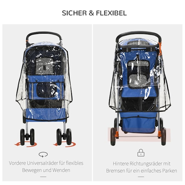 Hundevogn, Hundevogn Med Regnslag, Foldbar Hundevogn Op Til 20 Kg, Med Kopholder, Netvindue, Kattevogn, Blå, 75 X 45 X 97 Cm