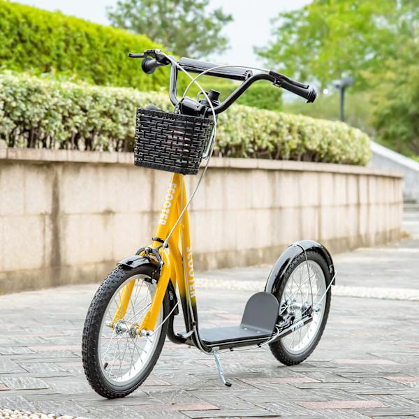 Barnskoter, höjdjusterbar sparkcykel med stora gummihjul, 2 bromsar, barnskoter med korg, mugghållare, för 5-12 år