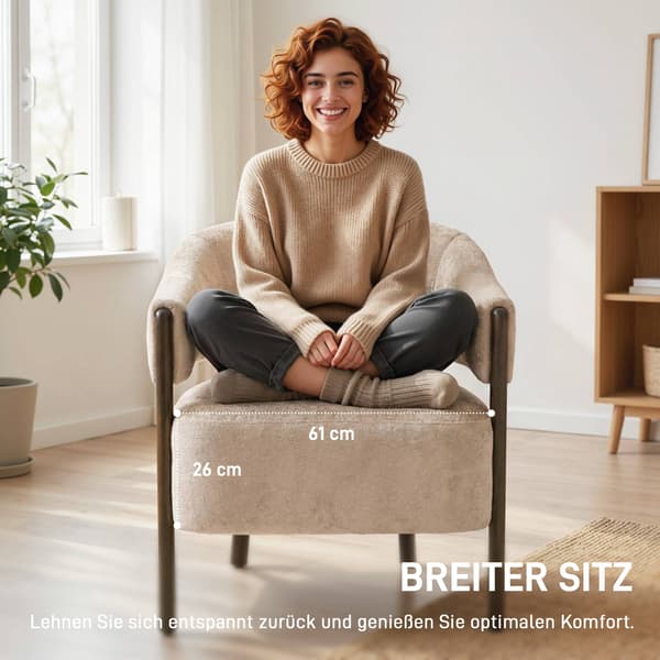 Chenille Lænestol med Massivt Træstel, Beige