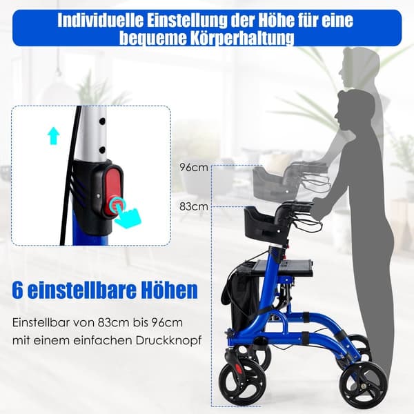 2-i-1 Walker & Rollator med sæde, taske, dobbelte bremser