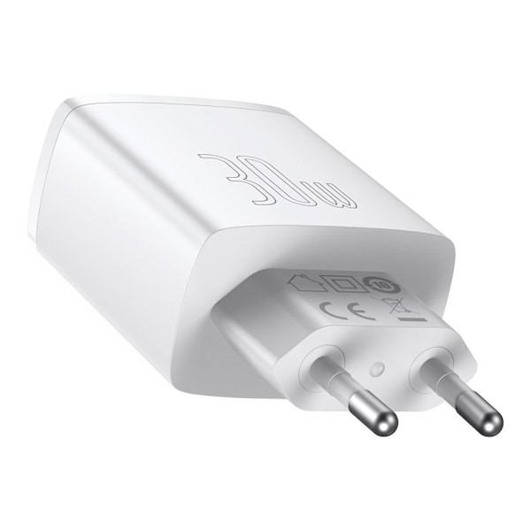 Kompakt hurtig vægoplader 2x USB USB-C 30W 3A PD QC hvid