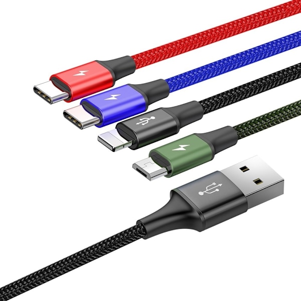 USB kabel 4i1 Iphone Lightning 2 x USB-C microUSB i nylon fletning 3,5A 1,2m sort