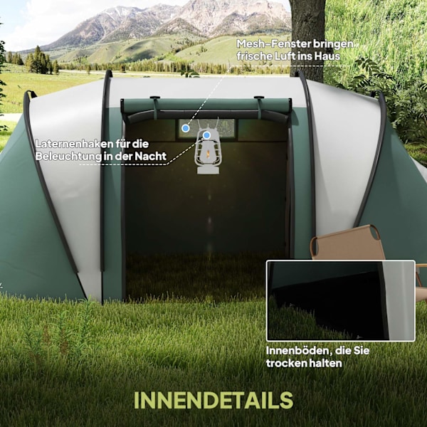 Campingtelt til 4-5 personer, letvægts, vandafvisende familietelt med 2 værelses sidedørsvinduer, telt med 3000 mm vandsøjle, tunneltelt, kuppeltelt t