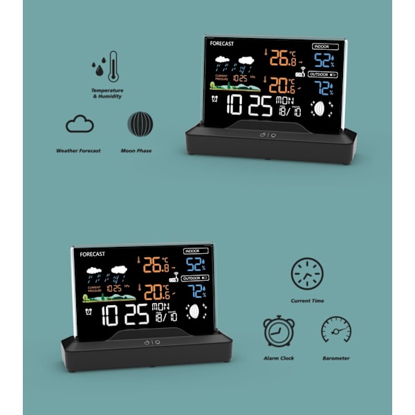 Bakgrundsbelyst väderstation med LCD-display, trådlös, med utomhussensor, termometer, barometer, klocka