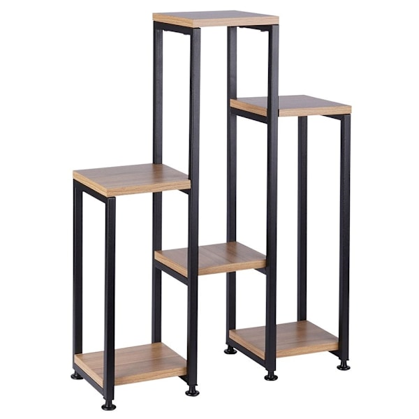 Metallinen kukkateline, jossa kuusi tasoa kasveille