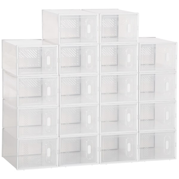 Setti 18 modulaarista kenkäsäilytyslaatikkoa läpinäkyvillä ovilla - mitat 25L x 35L x 19K cm