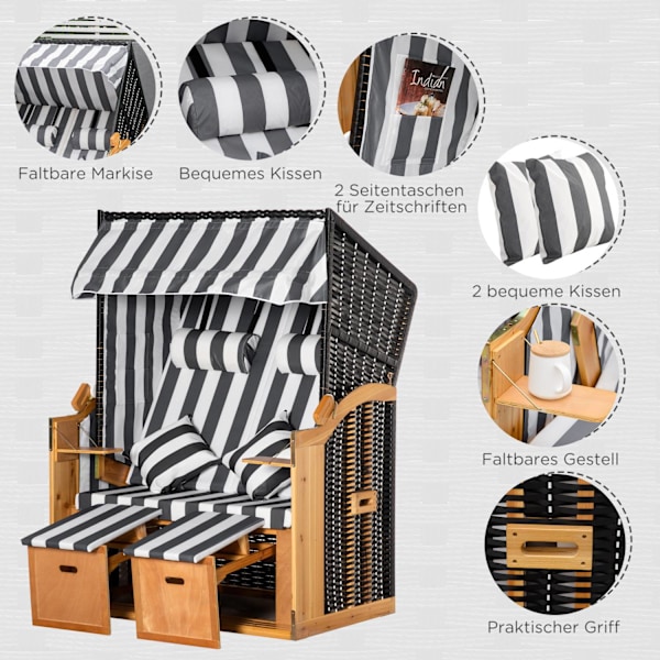 Strandstol Dobbelt Liggestol Tagkopholder 5-Lags Ryglæn Pe Rattan Grå + Hvid 118X79X160Cm