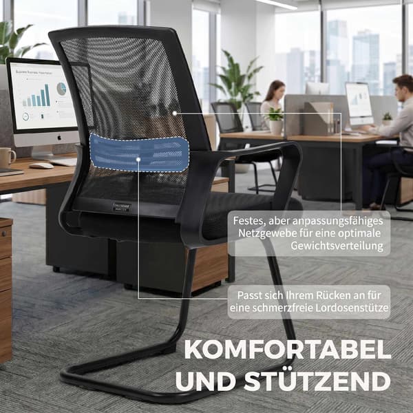 Set med 2 ergonomiska svarta konferensstolar med medunderrede