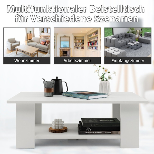 Sofabord i 2 plan af træ, sidebord, bæreevne op til 125 kg, 90 x 52 x 32 cm, hvid