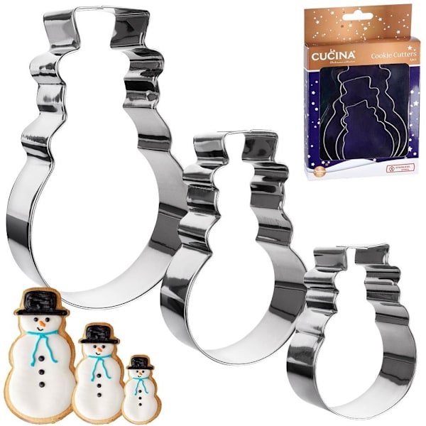 Tre snemandsforme i rustfrit stål til julebagning