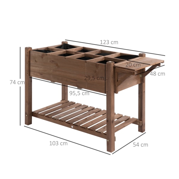 Højsengs Plantekasse Med 8 Gitter & Foldbar Hylde, Massivt Træ, Brun, 123X54X74Cm