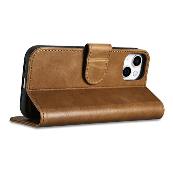2-i-1 läder Flip Cover iPhone 14 Anti-RFID oljevax plånboksfodral ljusbrunt