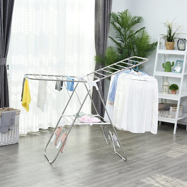 Tøj Airer Foldbar Bærbar Vingetørrer Teleskopstænger Rustfrit Stål Plast Sølv + Hvid 146X60.5X98Cm