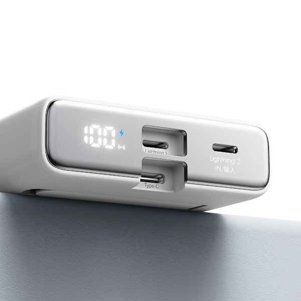 Magneettinen varavirtalähde 10000mAh 20W jalustalla + Lightning - USB-C-kaapeli, valkoinen