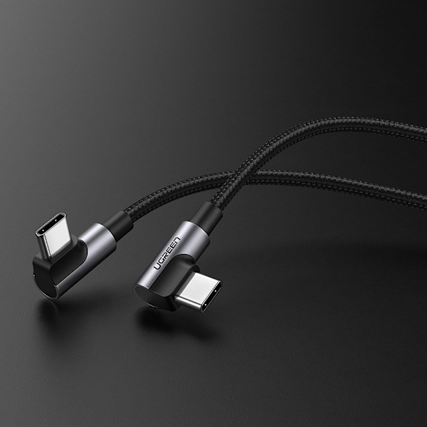 Vinklet kabel med side USB-C til USB-C Quick Charge stik 1m - grå