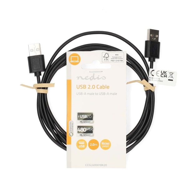 USB kaapeli | USB 2.0 | USB-A Uros | USB-A Uros | 480 Mbps | Niklattu | 2.00 m | Pyöreä | PVC | Musta | Label