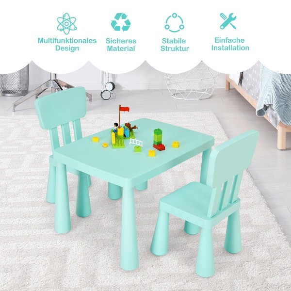 3-delad barnsittgrupp, barnbord med 2 stolar, barnmöbler av plast, grön