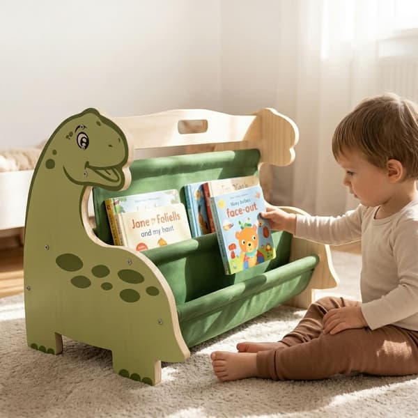 Børnebogreol med 4 stoflommer – Dino Design