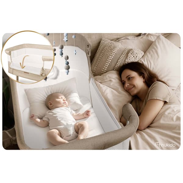 Sammenfoldelig rejse-babyseng med co-sleeper-funktion