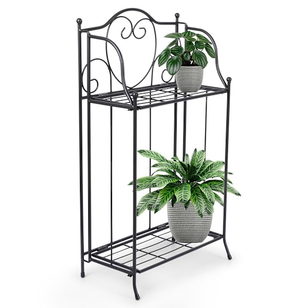 Blomsterstativ i sort metal til krukker, to plan, rustik stil