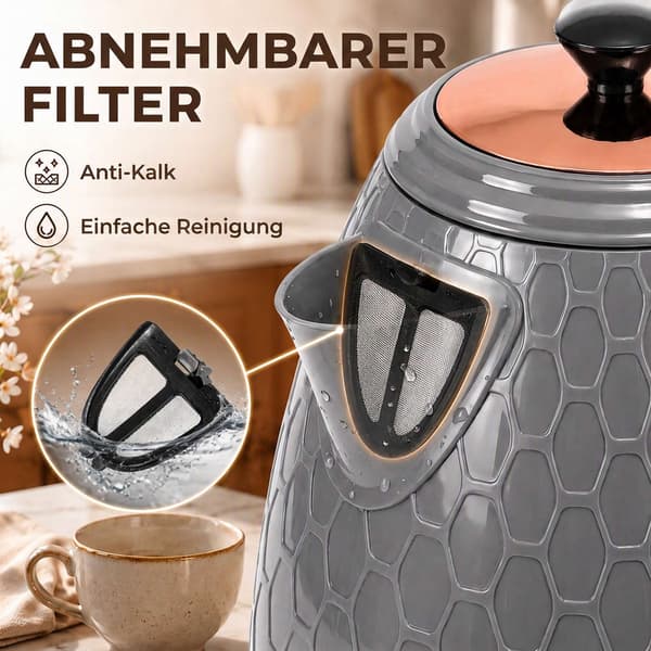 Vattenkokare, 2200W, 1,7L, Grå, Snabbkokning, Filter