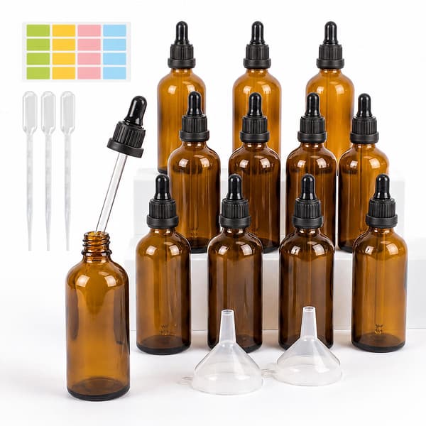 Ravfarvede glasdråbeflasker, 100 ml, sæt med 12 stk.