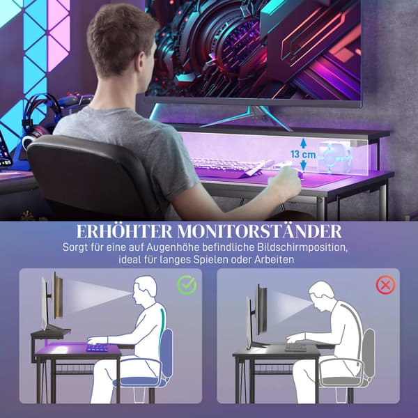 L-formet skrivebord med LED, stikkontakter, USB, vendbar, sort