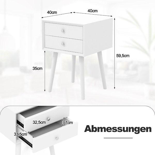 Sengebord med 2 skuffer Lille sidebord i træ 40 x 40 x 59,5 cm hvid