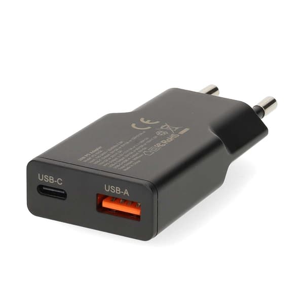 Dual Port GaN Vægoplader, 30W, USB-C & USB-A, Sort
