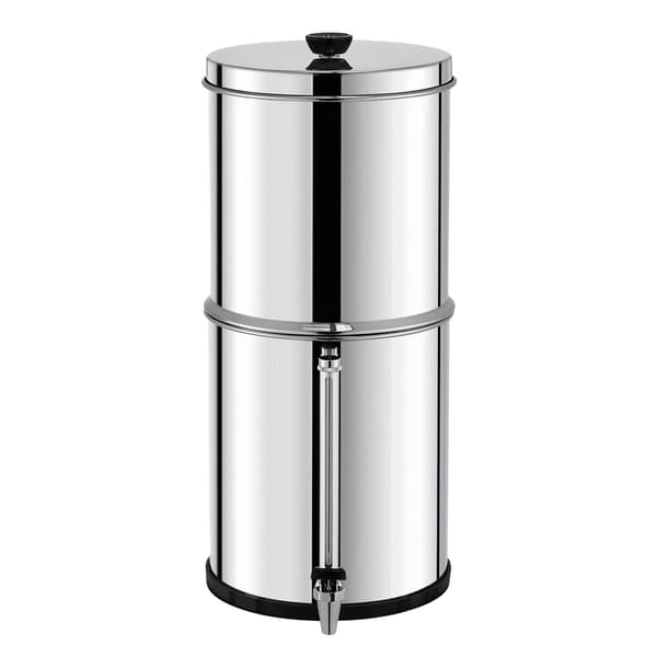 Gravitationsmatat vattenfilter, 2,25 gallon rostfritt stål, 2 filter