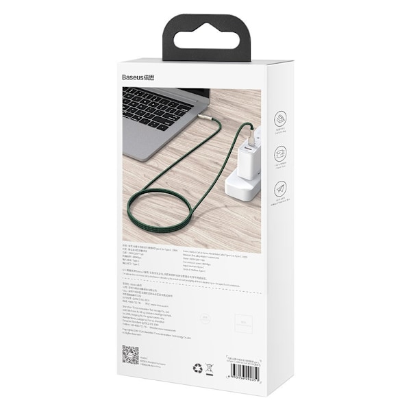 USB-C - USB-C kabel Cafule Metal Data Strømforsyning 100W 2m - grøn