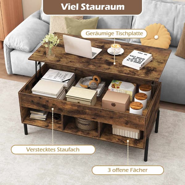 Ställbart soffbord med lyftbar topp, förvaring, brunt