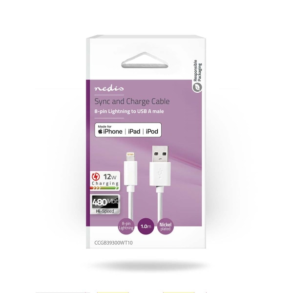 Lightning Kaapeli | USB 2.0 | Apple Lightning 8-Pin | USB-A Uros | 480 Mbps | Niklattu | 1.00 m | Pyöreä | PVC | Valkoinen | Laatikko
