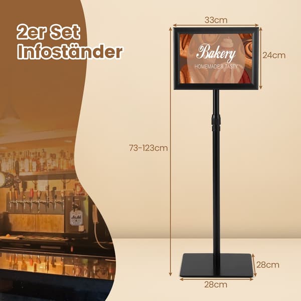 A4 plakatstativ, 2-pak, justerbar højde, sort