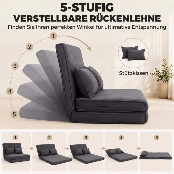 Konvertibel golvbäddsoffa, justerbart ryggstöd, manchester, mörkgrå
