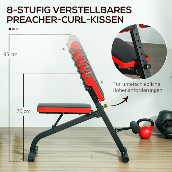 Viktbänk, mångsidig träningsbänk, justerbar, hopfällbar design, bicepcurls, skivstång, stål, upp till 120 kg, 103 x 65 x 67-98 cm, svart