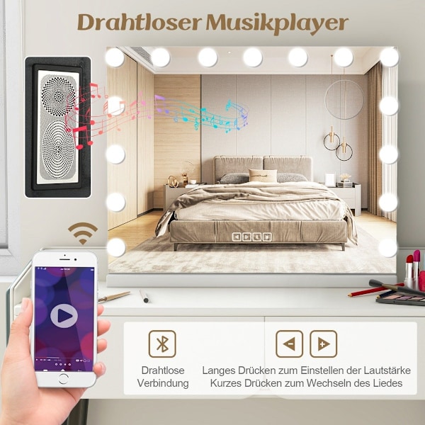 Hollywood-spegel med belysning, USB-laddningsport och Bluetooth-högtalare, Sminkspegel för sovrum, 58 x 46 cm, Vit